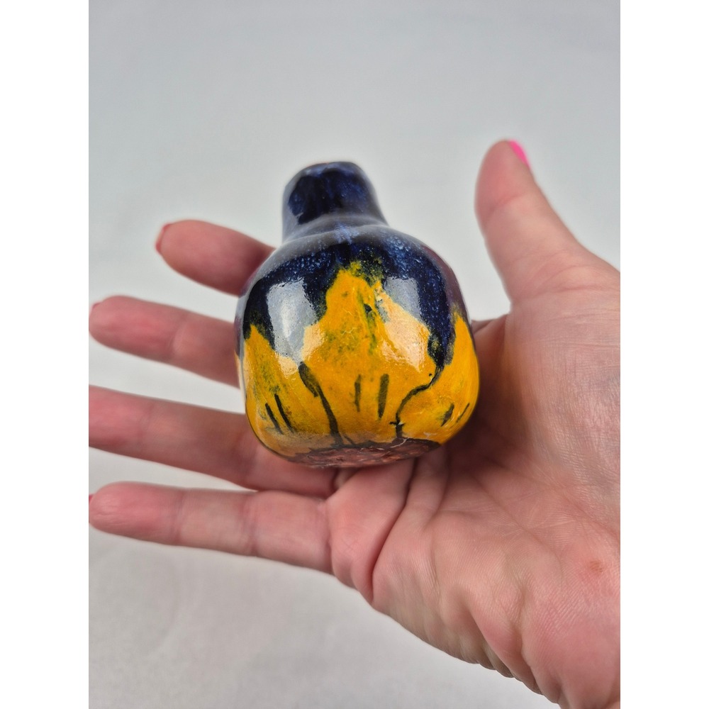 Vintage Hand Painted Studio Pottery Mini Bud Vase Sunflower Cobalt Blue Ceramic